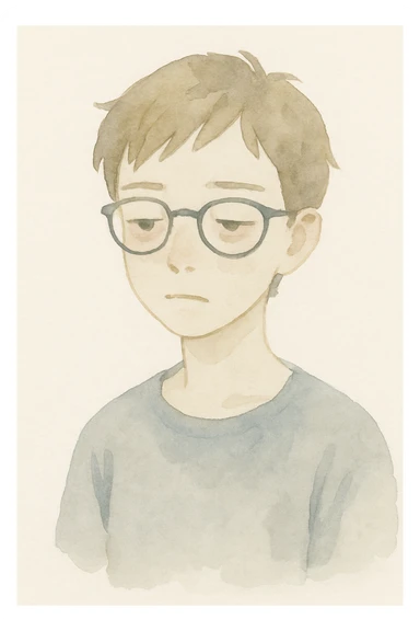 short-haired girl with a boyish style, tired face, wearing glasses, watercolor painting style sticker