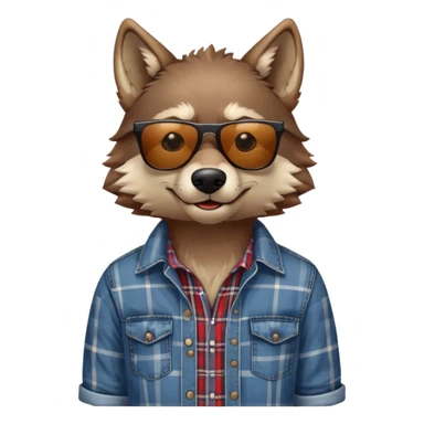 head and shoulders friendly brown-furred anthropomorphised wolf in plaid shirt and jeans, wearing dark sunglasses, relaxed pose sticker
