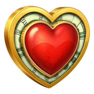 "Realistic HD red heart fused with cash and gold elements, heart seamlessly blended with money textures and molten gold details, dramatic warm glow, luxurious but clean, white background." sticker
