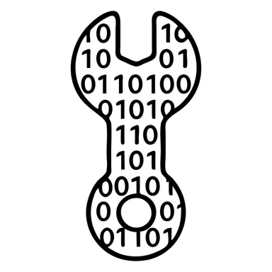 A wrench tool made out of binary code, with 0s and 1s flowing through and forming the shape of a wrench sticker