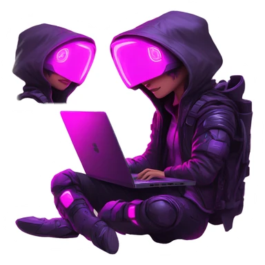 developer behind his laptop with this style : crysis Cyberpunk Valorant neon glowing bright pink girl character dark pink purple black hooded assassin themed character sticker