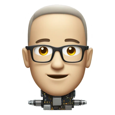 Cyborg head with fair skin, flat top haircut, rectangular glasses, circuits and smiling  sticker
