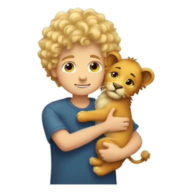 curly short hair blonde boy hugging a lion sticker