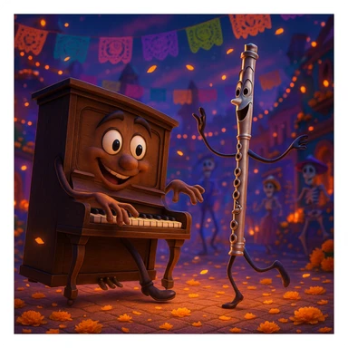 (Style film coco de pixar ) un piano au royaume des mort danse avec une flûte  sticker