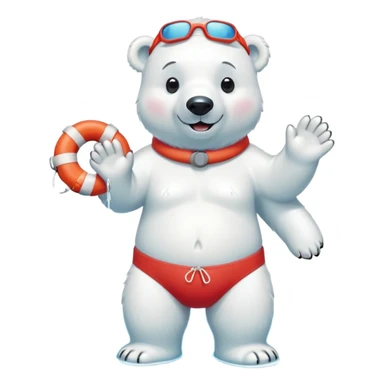 full body friendly anthropomorphised polar bear smiling, wearing colorful swim shorts, red and white life buoy around waist, swim goggles, standing in small pool of water sticker