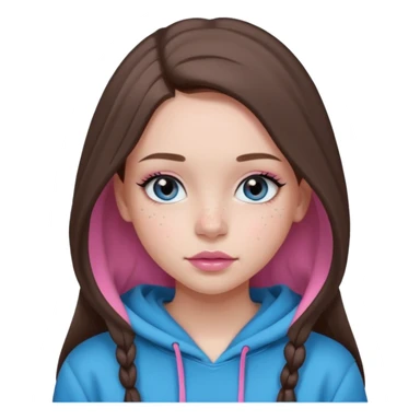 Create a TEENAGE girl with LONG and straight light brunette hair with a middle part, light skin, light freckles, and blue-gray eyes. She will have pink lips and LONG eyelashes. She will be wearing a black hoodie sticker