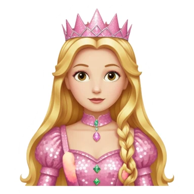 Glinda from The Wizard of Oz with long golden blonde hair, pink sequin outfit sticker