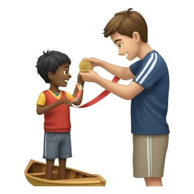 boy puts medal on his boat sticker