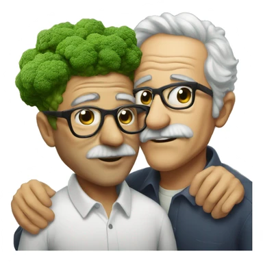 man with broccoli hair and glasses kissing an aged man sticker