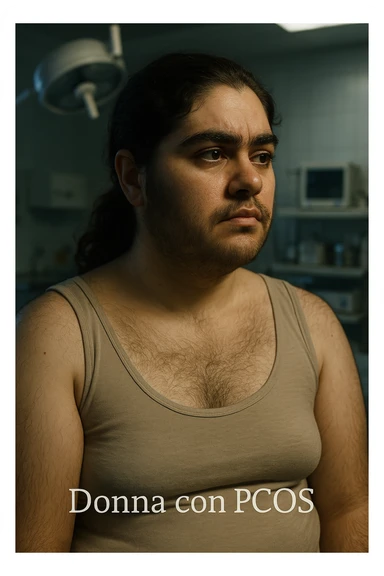 vertical realistic cinematic image of a woman with PCOS, excess hair everywhere, clinical atmosphere, dramatic lighting, Italian captions, aspect ratio 2:3 sticker