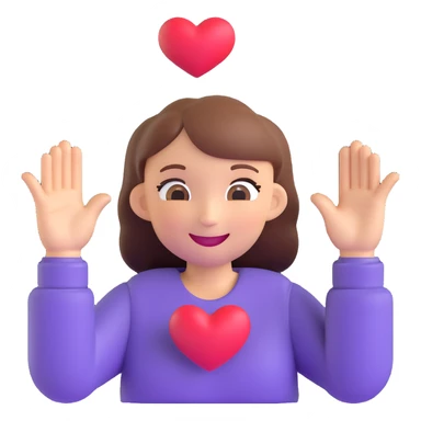 Transform the smiling face with two hands gesturing a heart into a 3D emoji style, preserving the cute expression and proportions, with no background. sticker