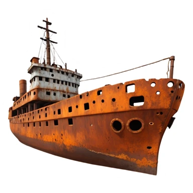 rusted ship wreck, heavily corroded metal hull, orange-brown rust textures, abandoned old ship, weathered surface, dramatic lighting, cinematic atmosphere, 3D cartoon style, mobile game environment art, clean composition, no people, no text, no watermark
 sticker
