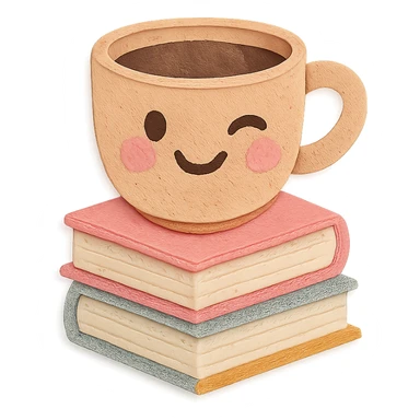 coffee cup with stack of books, winking, cozy hand-drawn pastel style sticker