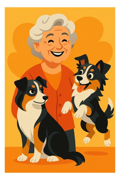 cheerful grey-haired woman accompanied by two mini Australian shepherds, one graceful female and one playful boyish male, both clearly characterized in a warm, friendly illustration sticker