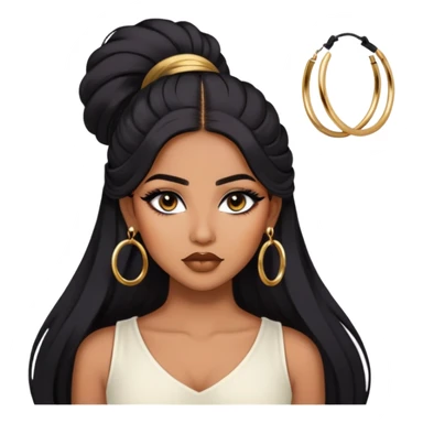 indian girl, brown skin, long black voluminous hair, brown underneath colored hair, baddie,pretty, makeup, lipliner, black eyeliner, gold hoop earrings, white top sticker