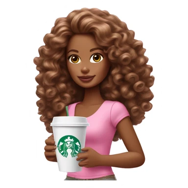 Barbie girl with brown long curly hair holding Pink starbucks refresher sticker
