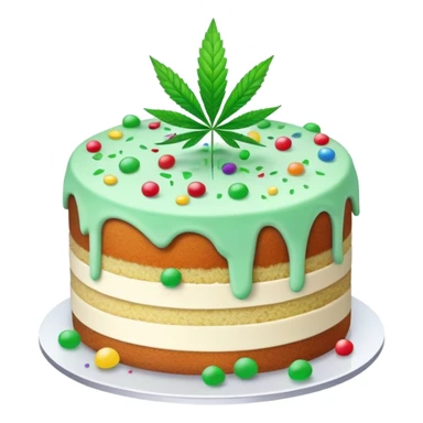 Colorful confetti cake with mint leaves and a cannabis leaf decoration on top sticker