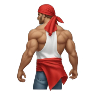 muscular man in red bandana turning facing away from the viewer turning his head back to face the viewer,torso sticker