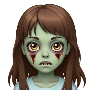 Zombie girl emoji with long brown hair, bangs, big black eyes sticker