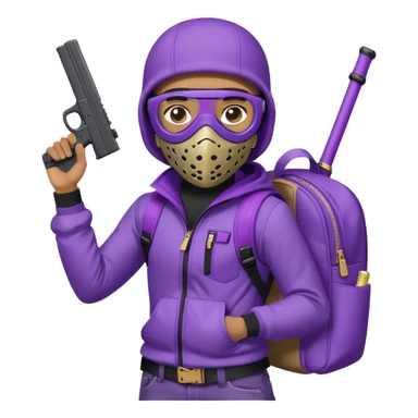 YN with a ski mask, Glock 10mm, purple jeans, Sprayground bookbag, standing pose sticker