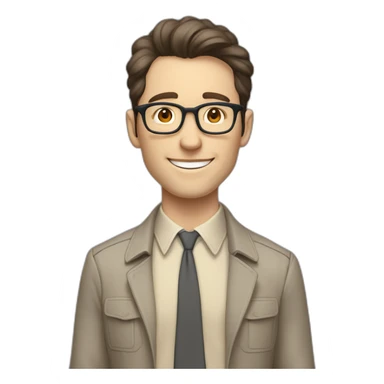 Joyful Full height Pale skinned Fit Man With dark brown hair in gray jacket, beige office shirt, Brown pants and vintage glasses. His thrumbs up sticker