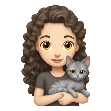 White Girl curly brunette hair cuddling with grey cat sticker