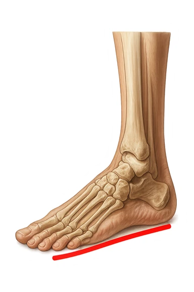 spazio dall'avampiede al tallone umano sottolineato in rosso, fai l'arto umano anatomico realistico con evidenza su quel tratto sticker