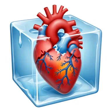 A realistic human heart completely frozen, trapped inside a clear ice cube sticker