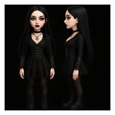 Make the woman more attractive with facial piercings, remove her fringe, dress her in gothic clothing, keep her pale skin and long straight black hair, standing still, with no background. sticker