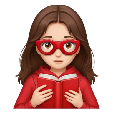 brunette girl with brown hair wearing red clothes covering her face with book sticker
