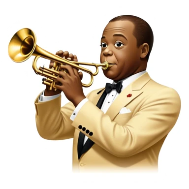 Icon for Jazz Music: collage of Louis Armstrong with his trumpet and Glenn Miller with his orchestra. Silhouettes of musicians, brass instruments, and musical notes. The design should convey the classic, smooth vibe of jazz. Transparent background. sticker