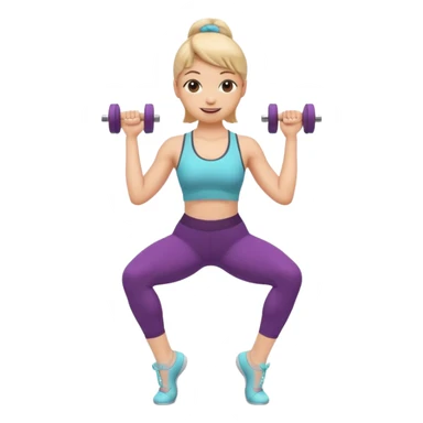 A cute 3D emoji of a fitness woman doing a plié squat at a ballet barre, holding a small dumbbell. She is sweating but smiling. Wearing leggings and a tank top. Soft pastel background, Apple emoji style. sticker
