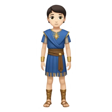 Niño: niño entre ⅞ años y 10/14 años, delgado, blanco de piel, moreno, ojos ni muy claros ni muy oscuros, bueno y simpático. cuerpo entero, época púnica sticker