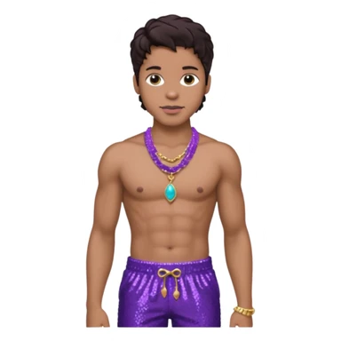 Prince Rogers Nelson with dark brown hair, purple sequin baggy pants, shirtless with necklace sticker