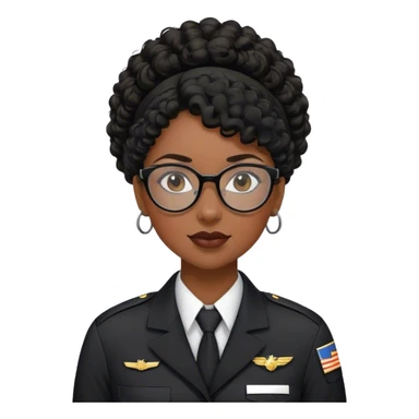 femme pilote d'avion en uniforme noir aux cheveux bouclés noir et petites lunettes arrondis identique avec des cheveux très long et la peau noir mais légèrement plus claire avec les cheveux attachés. 1 seule personne, cheveux moins épais  sticker