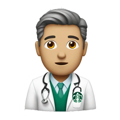 Tired white doctor with a starbucks coffee sticker