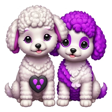 Two white toy poodle–style dogs, fluffy curly fur, round faces, black button eyes, pink and purple dyed ears and paws (magenta/violet tips). One standing upright, one sitting. Cute, plush, emoji style. sticker