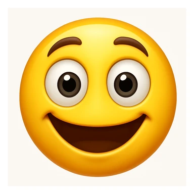 Create a yellow smiley face emoji with a similar facial expression to the reference image. It should have wide eyes, raised eyebrows, a big smile, and a shiny, smooth appearance. Add a subtle highlight. The style should resemble the iOS emoji style. sticker