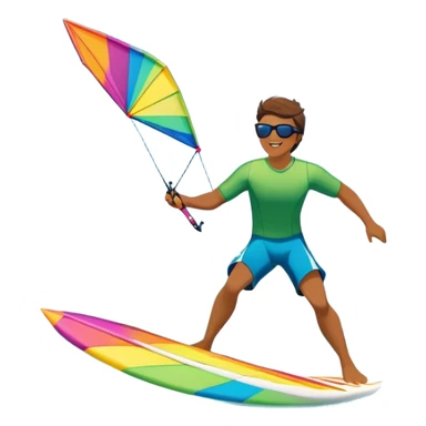 A kite surfer gliding across the ocean, with a colorful kite soaring high in the sky and the surfer carving through the waves. The scene captures the energy and freedom of the sport, with the sun shining and the ocean's waves splashing around. sticker