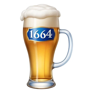 glass of 1664 Blanc beer with blue and white label, frothy head, golden color sticker