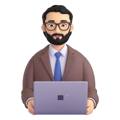 single professional man with medium black beard, neat black hair, connected unibrow, olive tan skin, brown eyes, glasses, prominent nose, wearing clean business casual attire, holding a laptop, centered portrait sticker