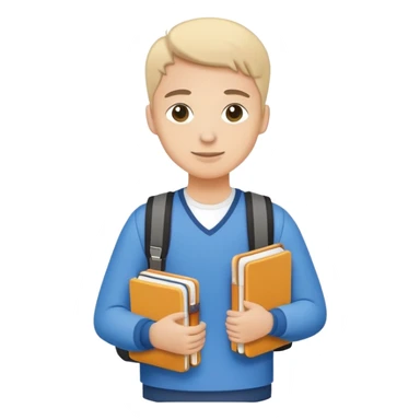 A flat-style illustration of a university student, holding a few textbooks and wearing a messenger bag. Clean, modern cartoon style, white background, iOS emoji aesthetic. sticker