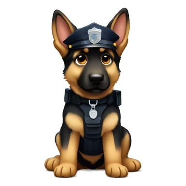 Sad German shepherd puppy sitting with police officer sticker
