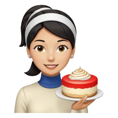  tan skin woman with long face, and short black hair slicked back ponytail with forehead showing, white headband, wearing white turtleneck shirt, eating tiramisu smiling with middle parted hair sticker