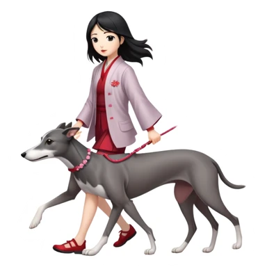 Japanese girl with flowing hair walking a solid grey greyhound with cherry blossoms in the background sticker