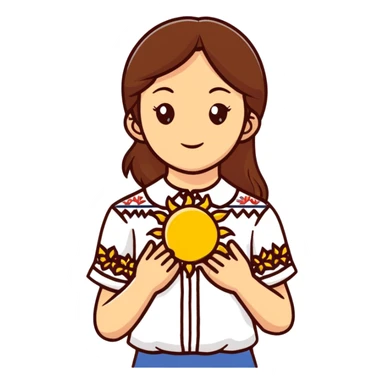 A young Ukrainian girl with brown hair wearing a traditional white embroidered shirt carefully holds a bright sun in her hands sticker