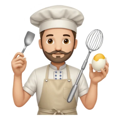 Middle aged male pastry chef - with a small beard, apron, white hat, holding an egg beater in his right hand, and his left hand naturally hanging down to his side sticker