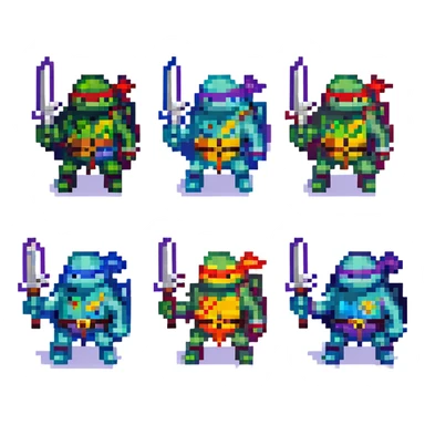Teenage Mutant Ninja Turtles, pixel art style, retro video game look, each turtle with their weapon sticker