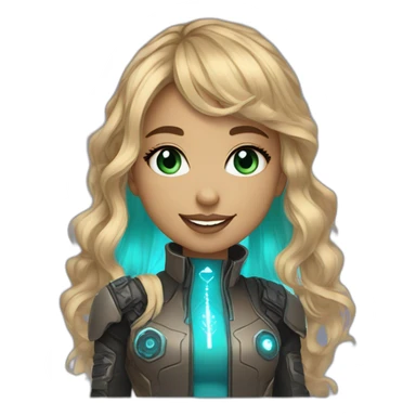 girl smiling with brown to blonde ombre wavy hair with bangs and greenish blue eyes wearing rhinestones next to eyes saying hi and wearing a cyberpunk outfit sticker