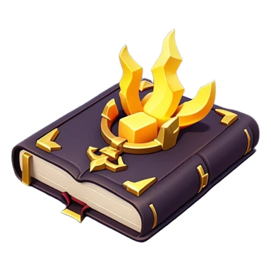 Clash of Clans aesthetic: Cinematic Playful 3D Isometric Spell Book Emoji, rendered in a 3D vector-style similar to standard emojis with minimal shading and bold, simplified shapes. A compact, distinct form with signature details, softly glowing with a fantasy RPG magic charm. Simplified yet unmistakably iconic, highly detailed and consistent, glowing with a soft radiance and high shine. Stylized with a touch of heroic grandeur and a soft glowing outline, capturing the essence of a beloved gaming relic with a friendly, playful manner! sticker